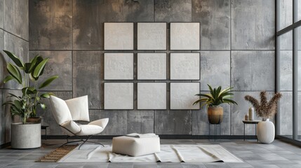 Blank picture frames mockup on stone wall. 3d rendering. Ai generative.