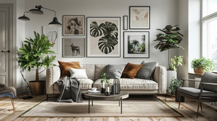 Modern living room interior with sofa, coffee table and plants. 3d render. AI generative.