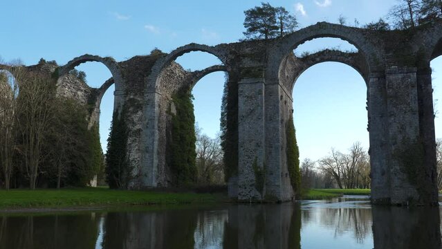 Pan over the Aqueduct of Maintenon and river Eure. It is located in the Eure-et-Loir department near Paris, France