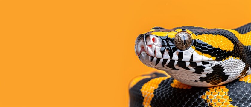  Snake head in yellow background with black, white, and yellow stripes