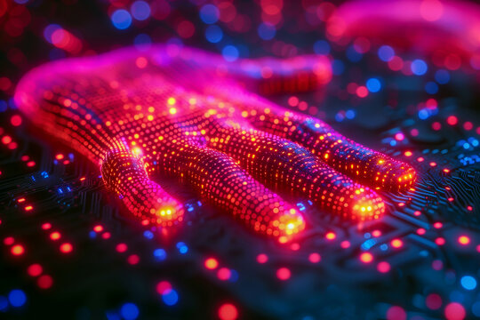 Digital purple pink glowing hand. Modern background of fingerprint biometrics. Digital scanning of fingerprint.