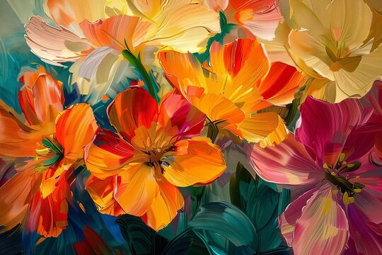 Generative AI oil painting of spring flowers on canvas, beautiful colorful abstract macro impasto