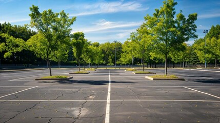 Empty parking lot bordered by lush green trees on a bright summer day