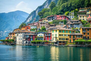 Fototapeta na wymiar Scenic summer view of Gandria, the idyllic fishermen's village with colorful houses along lake Lugano, Switzerland