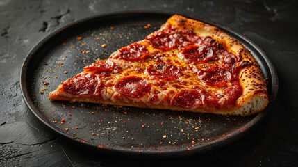 Slice of traditional pepperoni pizza on dark plate. On dark surface, studio lighting. Tasty food.