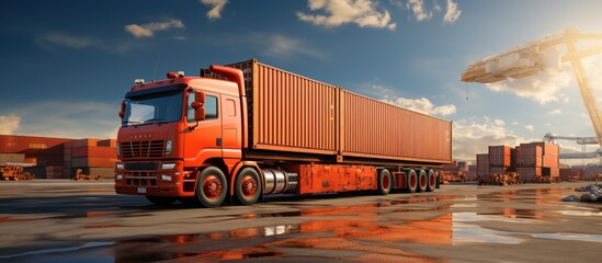 Freight transportation. Cargo truck with container at the port.
