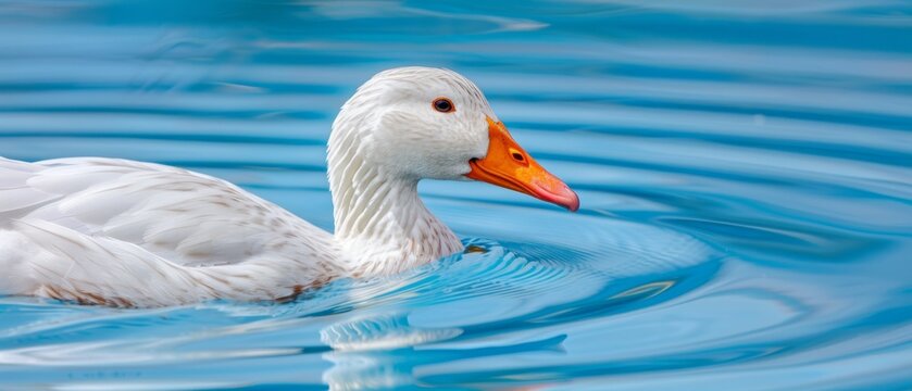  A clear photo of a duck, fully immersed in water, with its orange bill clearly visible and ripples surrounding the body