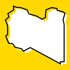 Libya country simplified map. White silhouette with thick black contour on yellow background. Simple vector icon - obrazy, fototapety, plakaty