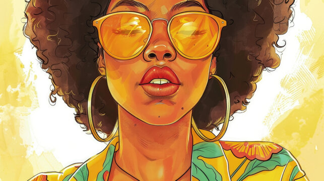 A close-up illustration of a fashionable young woman with curly hair, yellow sunglasses, and hoop earrings
