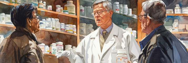 An experienced pharmacist consults with an elderly couple among shelves stocked with medications, healthcare advice in progress