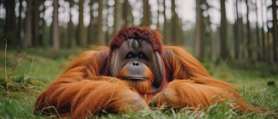 Obraz premium An orangutan lying in the grass with its head on its back, its face up to the sky