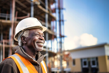 An elderly dark-skinned man is dressed in a hard hat and safety glasses, ensuring his protection while working on a construction site