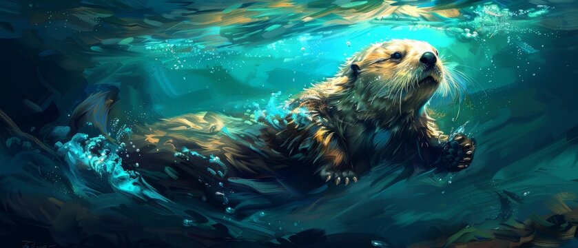  A watercolor illustration depicting a sea otter bobbing on the waves, with its head partially submerged beneath the surface