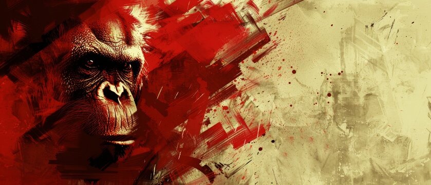  A gorilla painted with red splatters against a grungy backdrop