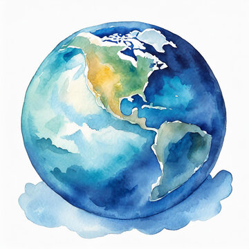 Watercolor drawing of blue Earth planet isolated on white background. Galaxy and universe concept.
