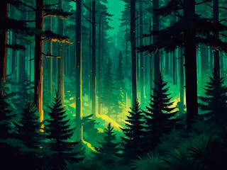 Enchanted Pine Forest Dark Gothic Fantasy Art with Vibrant Pale Green Colors and Magic Splash