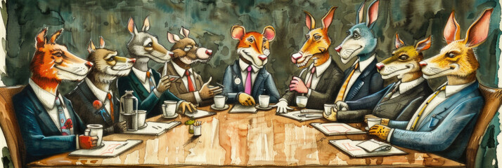 An illustration of elegantly dressed animals engaged in a serious boardroom meeting, reflecting a professional human-like scenario - obrazy, fototapety, plakaty