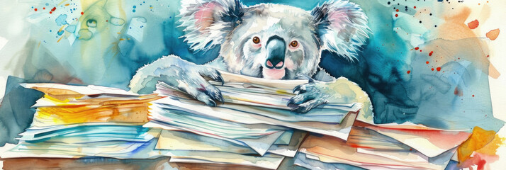 A painting of a koala perched atop a stack of papers, showcasing the adorable marsupial in a unique setting