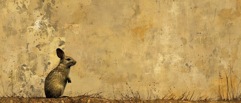  A rabbit standing upright in front of a wall with peeling paint on its side