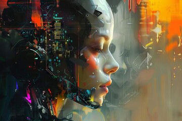 Human and Robotic AI Interaction, Futuristic Machine Learning Technology, Digital Painting