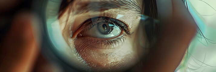 woman looking through a magnifying glass - obrazy, fototapety, plakaty
