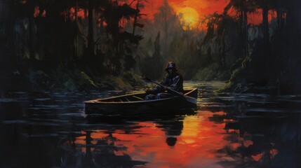 A man is in a canoe on a river at sunset. The painting has a dark and mysterious mood - obrazy, fototapety, plakaty