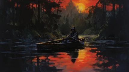Foto op Canvas A man is in a canoe on a river at sunset. The painting has a dark and mysterious mood © MaxK