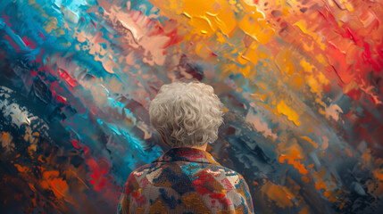 Rear view of a person with curly gray hair in a colorful jacket contemplating a vibrant abstract painting, representing artistic inspiration or introspection