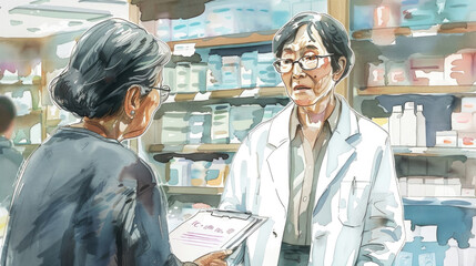 Obraz premium A woman and man conversing in a pharmacy shop, surrounded by shelves of medicine and health products