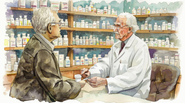 Two men in a pharmacy are shaking hands, symbolizing a business deal or partnership. They are surrounded by shelves of medicine and healthcare products
