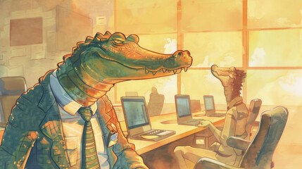 Anthropomorphic alligators dressed in business attire working at their desks with computers in a sunlit office