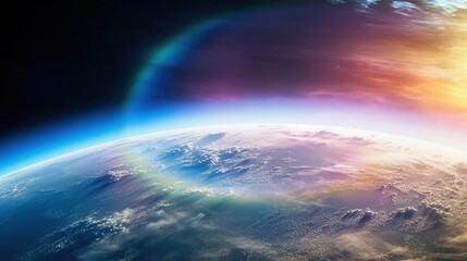 Rainbow surrounds the Planet Earth Earth with Sun Rising