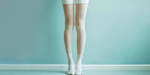 Vibrant Comfort: Legs in Compression Stockings on simple blue background with copy space. Female legs clad in medical compression stockings socks. - obrazy, fototapety, plakaty