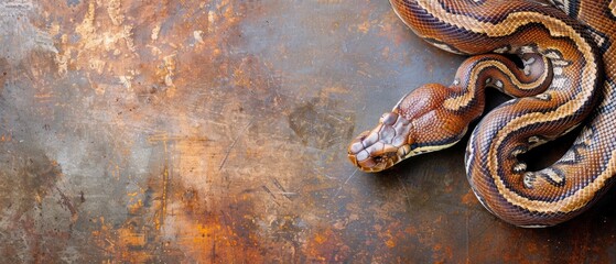  A close-up picture of a serpent on metallic ground surrounded by rust in the background and foreground
