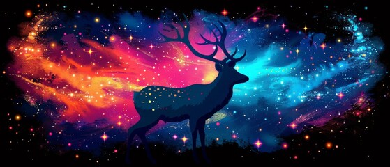 Obraz na płótnie Canvas A majestic deer, bathed in moonlight, stands against a vivid backdrop of twinkling stars and the enchanting hues of a rainbow