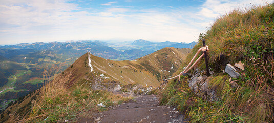 beautiful tightrope hiking trail along Fellhorn mountain ridge, allgau alps