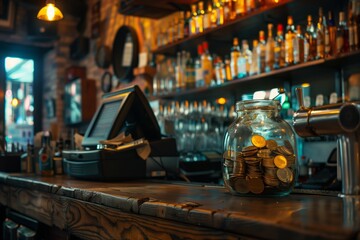 Glass jar for tips with coins and bills standing on the counter at a bar, cafe, or restaurant. 