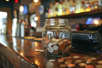 Glass jar for tips with coins and bills standing on the counter at a bar, cafe, or restaurant. 