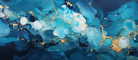 Marble abstract acrylic painting. Blue and gold colors. Fluid art.