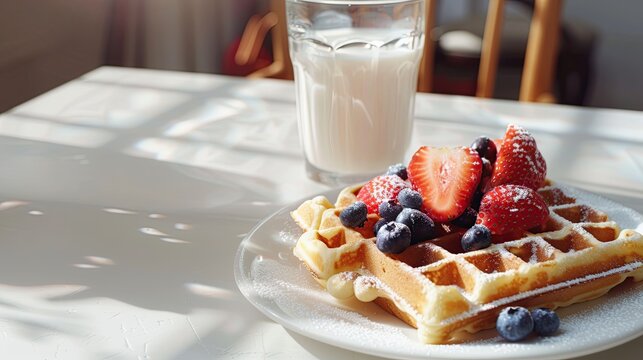 commercial photo of waffles with chocolate and berries on a plate with milk , morning breakfast