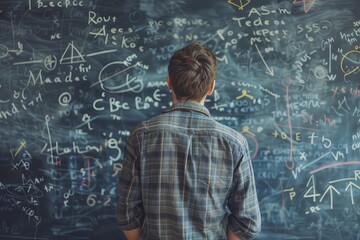 Mathematician solving complex equations on chalkboard, 2D illustration of math and science - obrazy, fototapety, plakaty