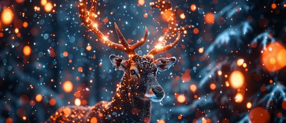 Fotobehang  A deer amidst snow-capped trees, bathed in glowing light from the backdrop © Wall