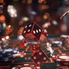A close-up of a red die captured mid-fall against a bokeh background - obrazy, fototapety, plakaty
