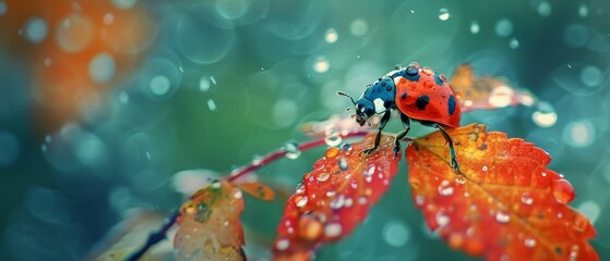  A ladybug atop a wet leaf - obrazy, fototapety, plakaty