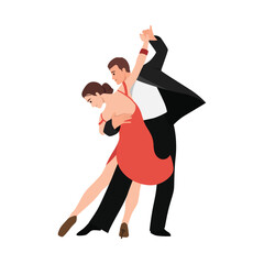 Young man and woman dancing on the floor at party. Flat vector illustration isolated on white background