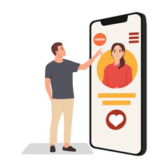 Dating app Flat Design Concept, Male and Female Sending Message with Smartphone. Flat vector illustration isolated on white background