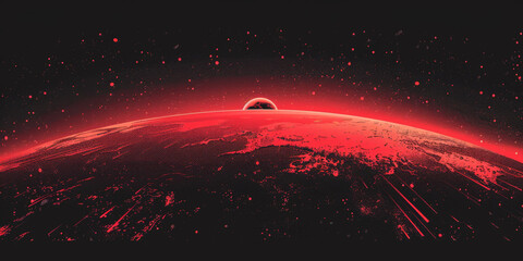 Red glowing light from the earth in space background. red sunset earth in space,