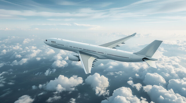 A white commercial airplane captured in flight above white clouds and blue sky