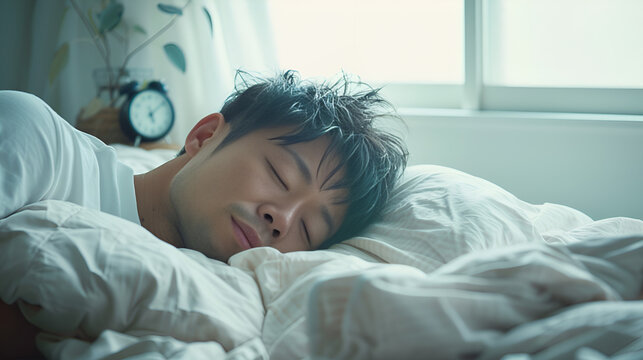 an asian guy sleeping on his bed, Generative AI