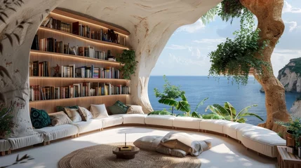 Selbstklebende Fototapeten A cave with books overlooking the ocean in a natural landscape © Jahid